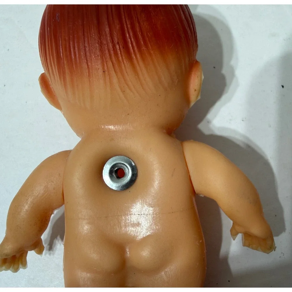 Vintage Japan Rubber Baby Doll Squeeze Toy Top Knot Bun Blue Eyes Kitsch 4.75in